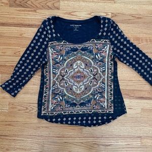 Lucky Brand Women Blue‎ Mustard Top Shirt Medium Cotton Blend Long Sleeve